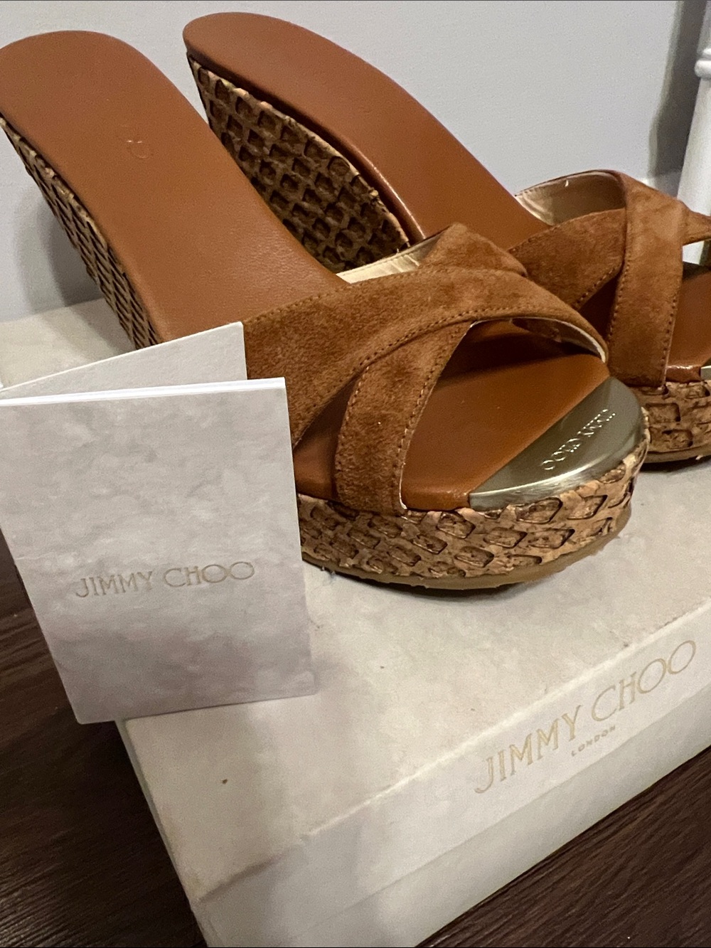 Jimmy Choo Tan Suede Wedge Slide Sandals with Textured Platform